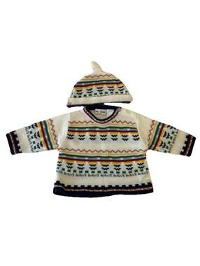 Vintage BT Kids Fair Isle Sweater Hat Set Nordic Knit Baby Red Yellow 3/6 Month